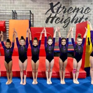 gymnasts all pose in a line