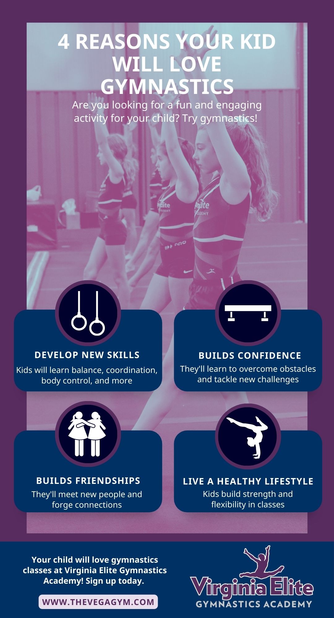 Infographic showing four benefits of being a gymnast