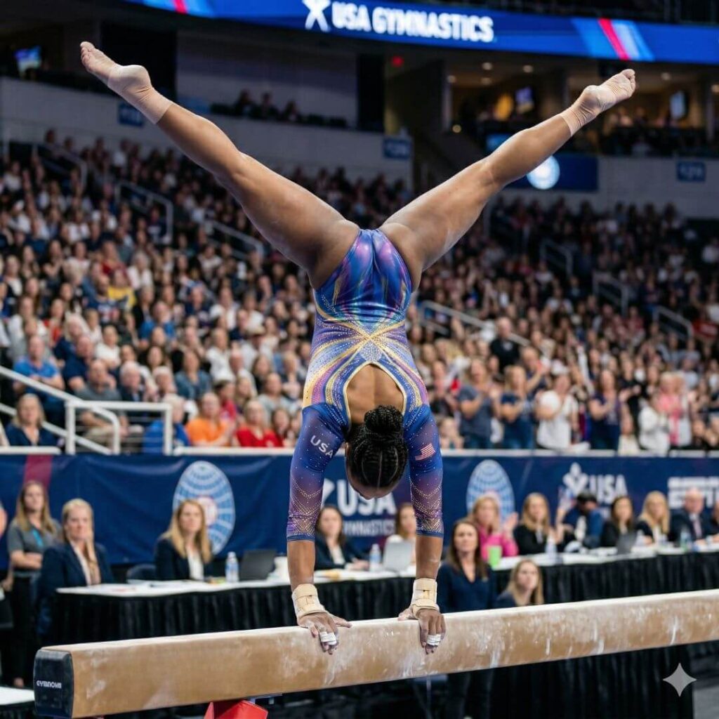 female gymnast does handstand on balance beam