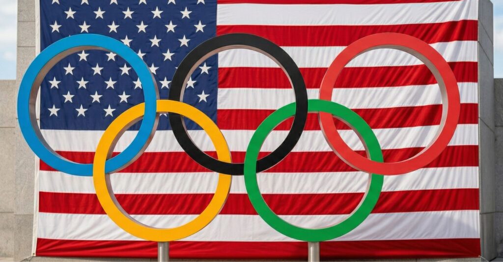 Olympic rings in front of American flag